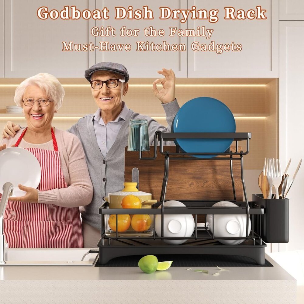Dish Drying Rack, 2-Tier Dish Rack with Auto-Drain & Mat, Dish Racks for Kitchen - Picture 7 of 7